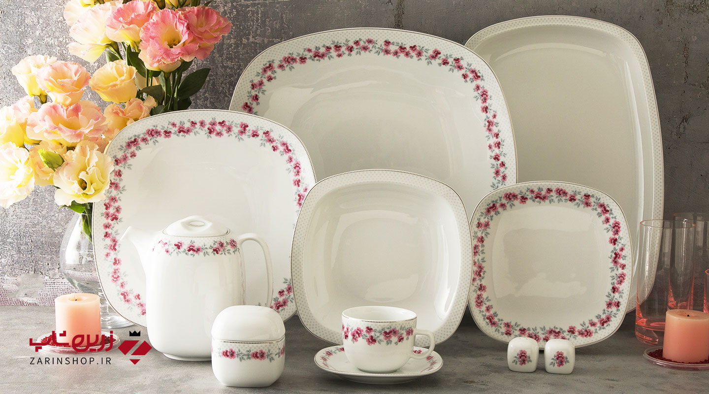 سرویس چینی 27 پارچه غذاخوری گلسار پلاتینی